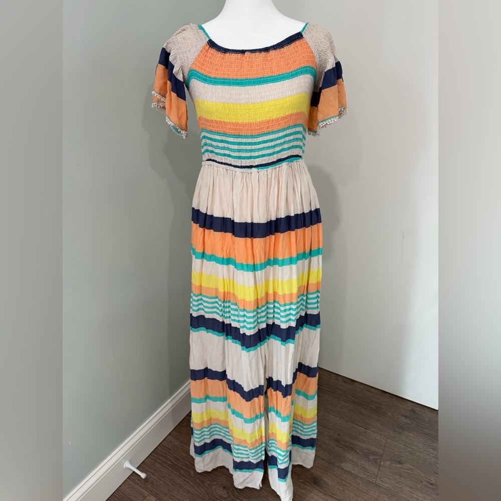 Hint of Mint Striped Maxi Dress with Front Slit Smocked Boho Juniors Size L